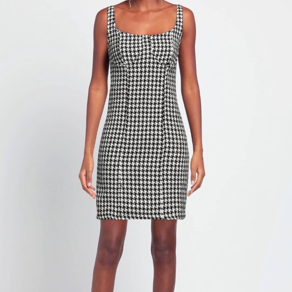 VANESSA SCOTT Black White Houndstooth Wiggle Pencil Mini Designer Dress S